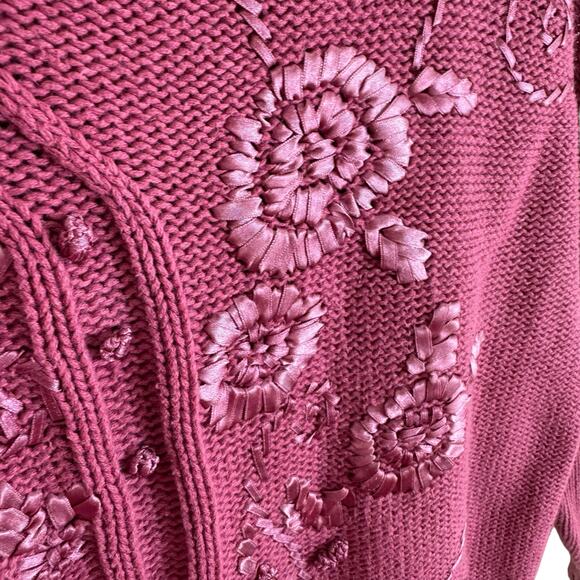 Ninon De Lenclos Vintage Pink Mock Neck Cable Knit Ribbon Embellished Sweater L - Picture 4 of 7